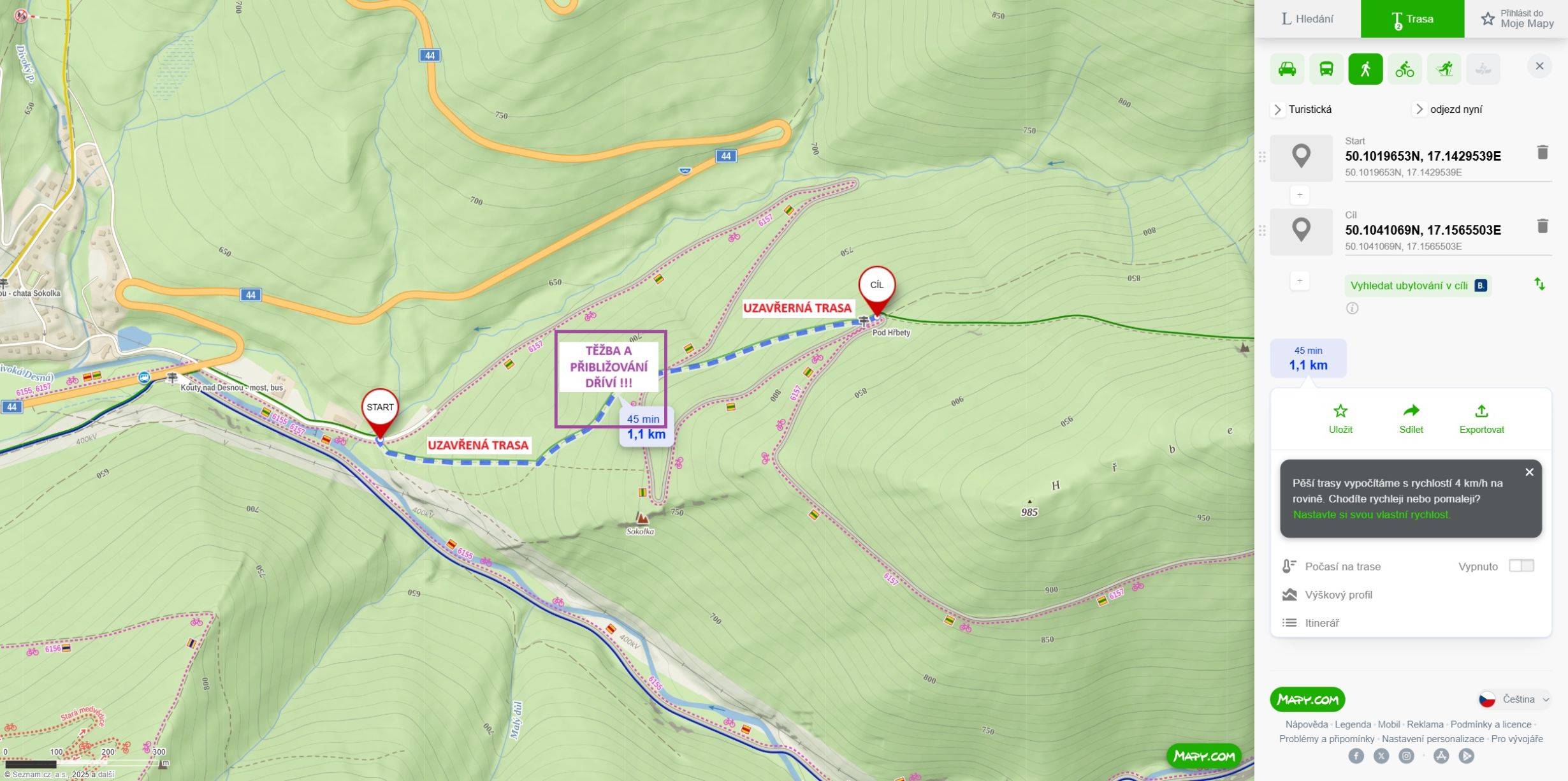 Uzavření trasy pro pěší z Loučné nad Desnou směr Petrovka