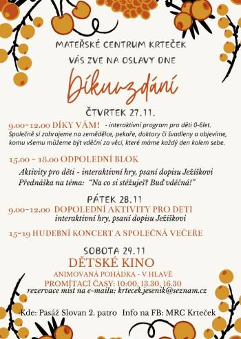 MATEŘSKÉ CENTRUM VÁS ZVE NA OSLAVY DNE DÍKUVZDÁNÍ